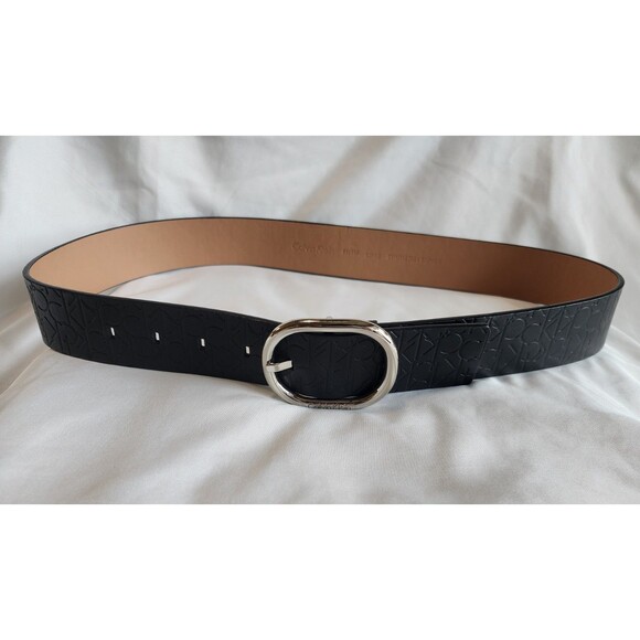 Calvin Klein Womens Black Embossed Logo Belt Silver Buckle Faux Leather Sz Small - Picture 1 of 15